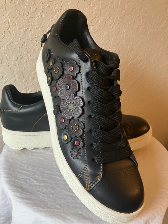 Coach Shoes - Coach: Black Leather (G1234) Tea Rose Floral Appliqué Sneakers- IOB- 8.5